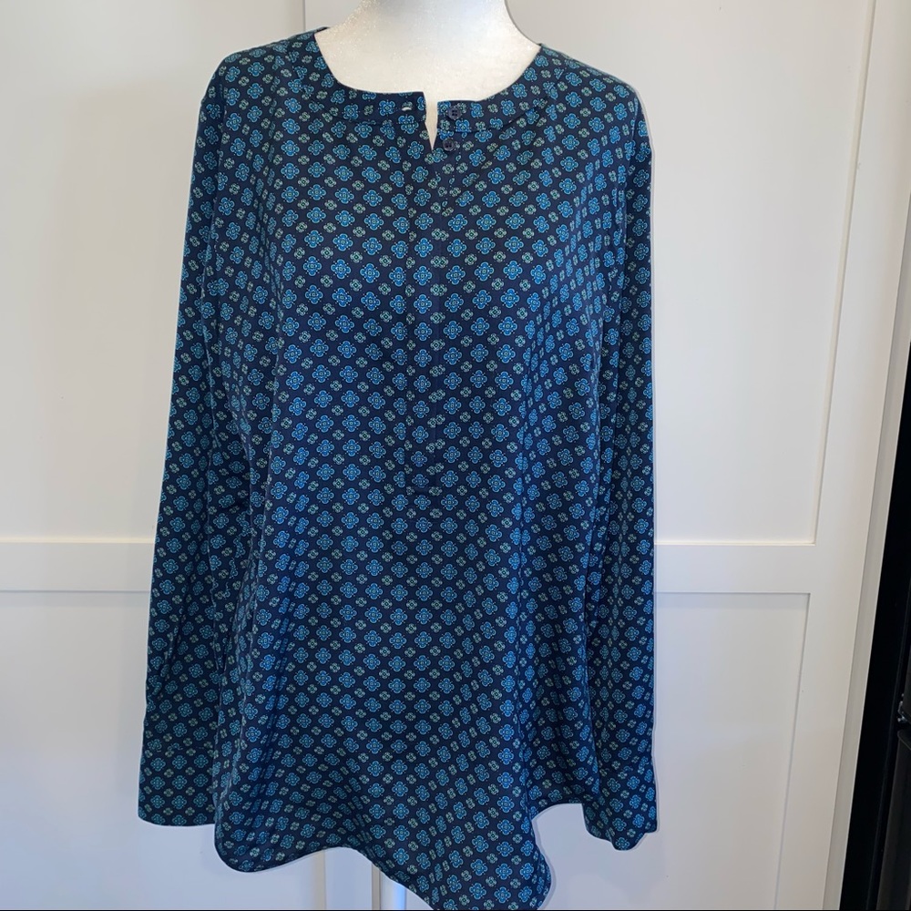 J. Crew Silky Blue Green Print Long Sleeve Popover Blouse